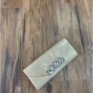 Gold Purse with Gold Chain Strap and Large Rhinestones